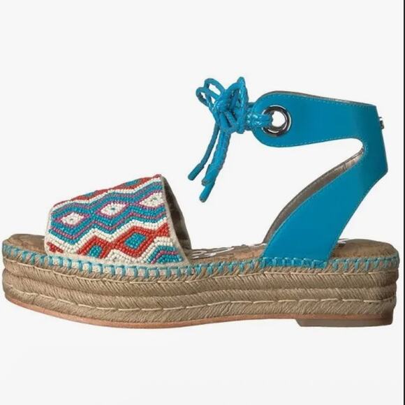 Sam Edelman Colorful Patterned Beaded Women Sandals Lace Up Espadrille Platform - Picture 1 of 14